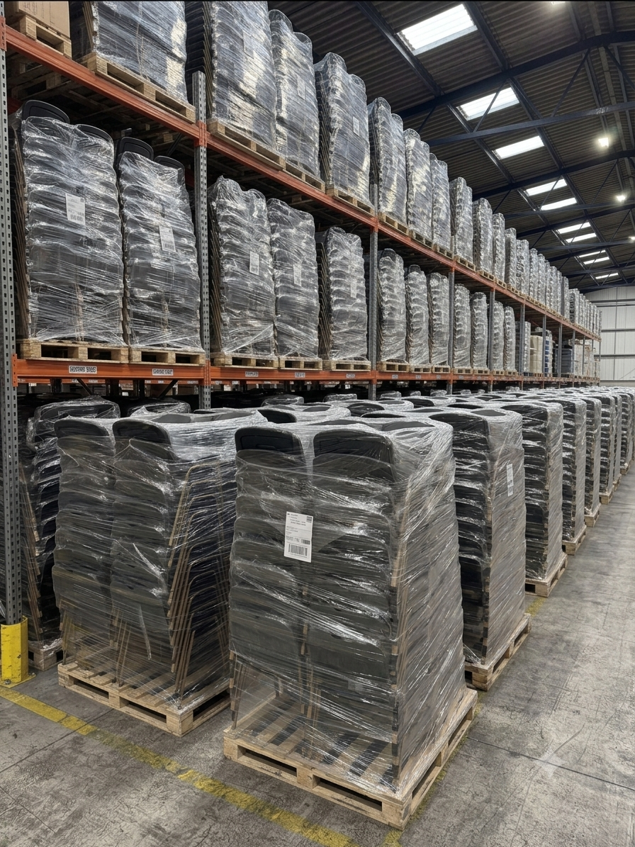 File di pallet imballati con sedie NxtChair in magazzino